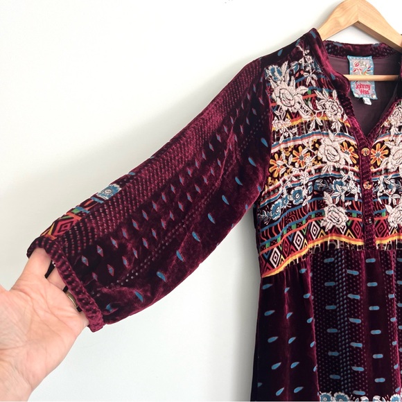 JOHNNY WAS Hania Velvet Burgundy w Multicolor Embroidery Tunic Mini Dress Sz XS - Picture 7 of 16